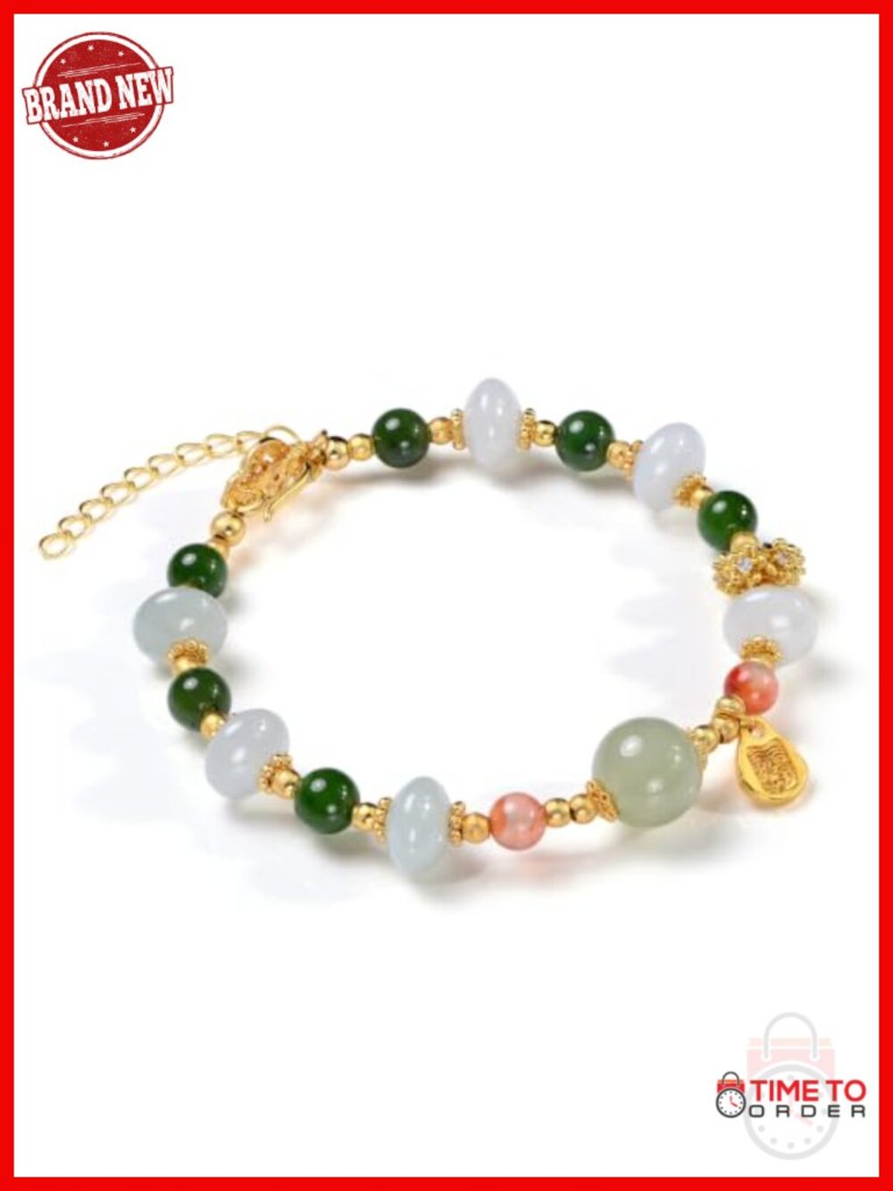 10mm Hetian Jade Charm Bracelet, Copper Gold Plated Tarnish-Resistant, Gourd